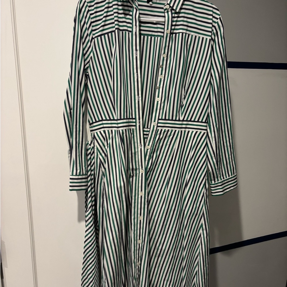 J. Crew Navy and Green Striped Shirt. Like new. Tie belt. Added snaps.